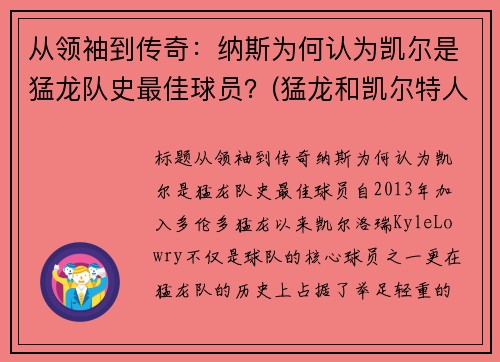 从领袖到传奇：纳斯为何认为凯尔是猛龙队史最佳球员？(猛龙和凯尔特人比赛录像)