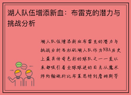 湖人队伍增添新血：布雷克的潜力与挑战分析