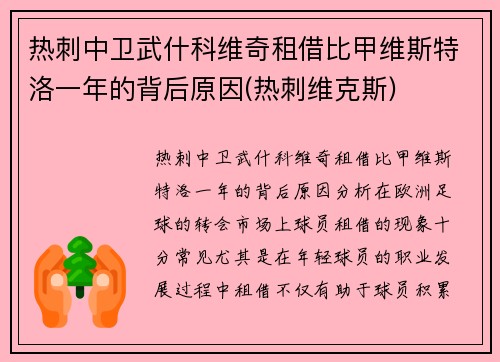 热刺中卫武什科维奇租借比甲维斯特洛一年的背后原因(热刺维克斯)